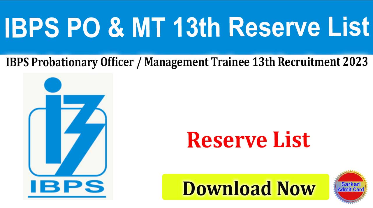 IBPS PO & Management Trainee 13th 2023 Reserve List 2024